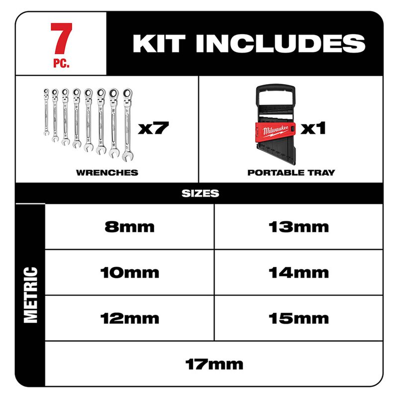 MILWAUKEE 48-22-9529 7 pc. Metric Flex Head Ratcheting Combination Wrench Set