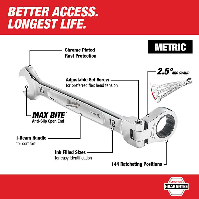 MILWAUKEE 48-22-9529 7 pc. Metric Flex Head Ratcheting Combination Wrench Set