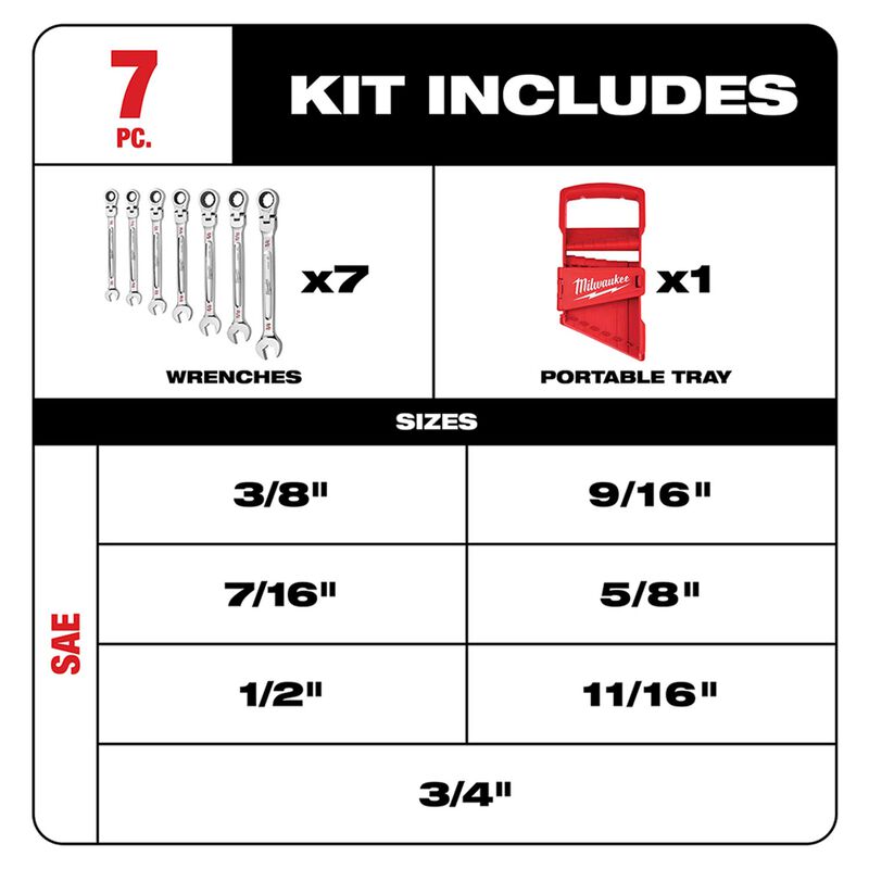 MILWAUKEE 48-22-9429 7 pc.SAE Flex Head Ratcheting Combination Wrench Set