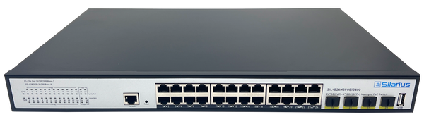 Silarius SIL-B24M3POE1G400 24 Ports 10/100/1000Mbps Gigabit Layer 3 Managed PoE+ switch with 4 Ports 10G SFP+ Uplink, 1 Console, 6KV surge protection, 400W, rack mount installation