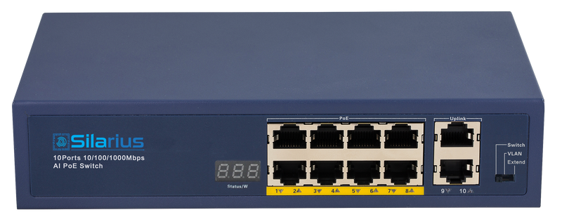 Silarius SIL-A8POE1G96 10 Ports POE+ switch with 8 Gigabit Ports PoE+, 2 Gigabit Uplinks, VLAN config and POE indicator - 96W POE+